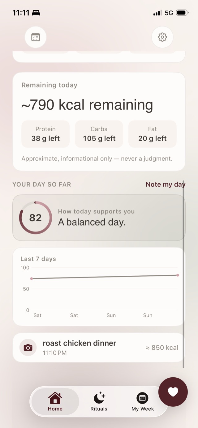 The FuelHer home screen showing what is left for the day and how the day is going so far.