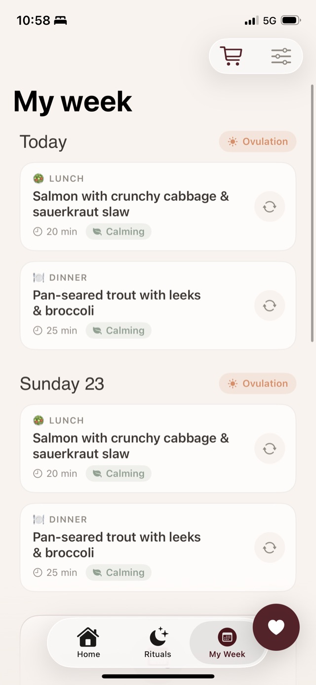 The My Week screen listing lunch and dinner for each day, tagged by cycle phase.