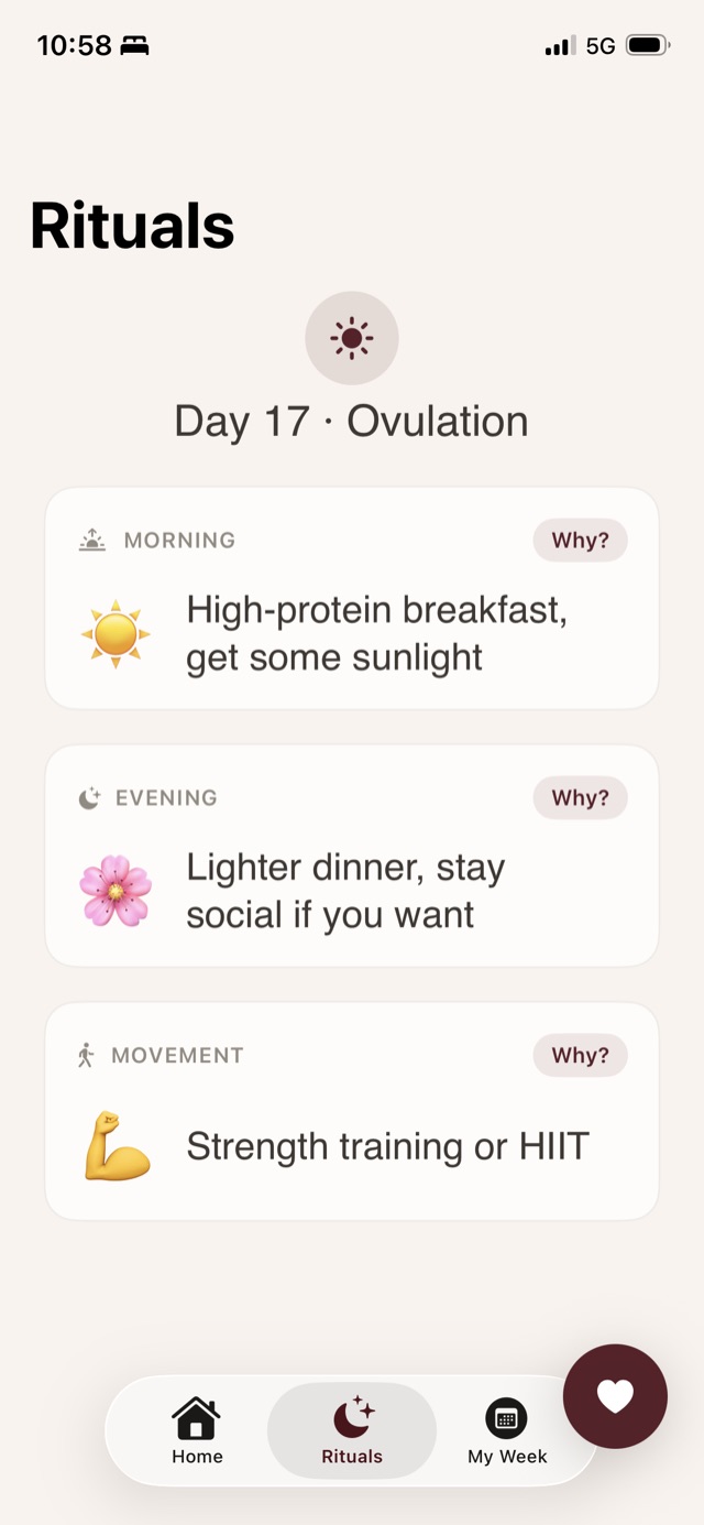 The Rituals screen with morning, evening and movement suggestions for the current phase.