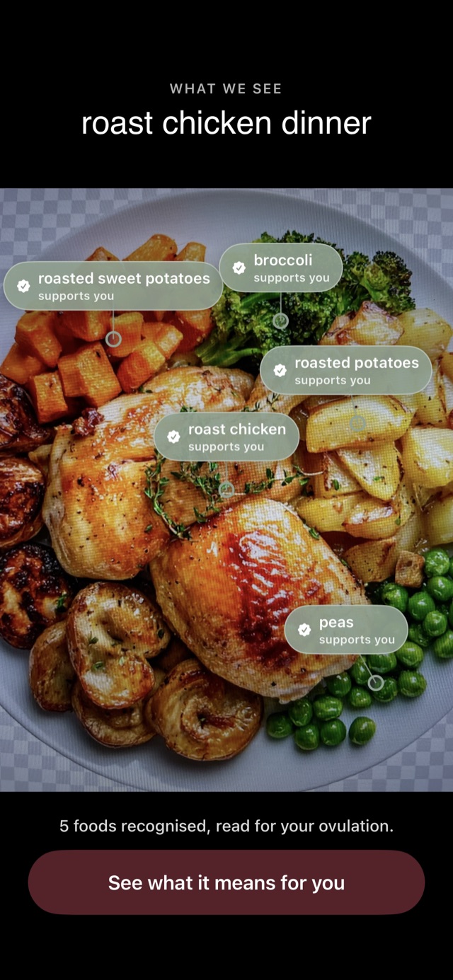 A scanned plate with each recognised food labelled: roast chicken, potatoes, sweet potatoes, broccoli, peas.
