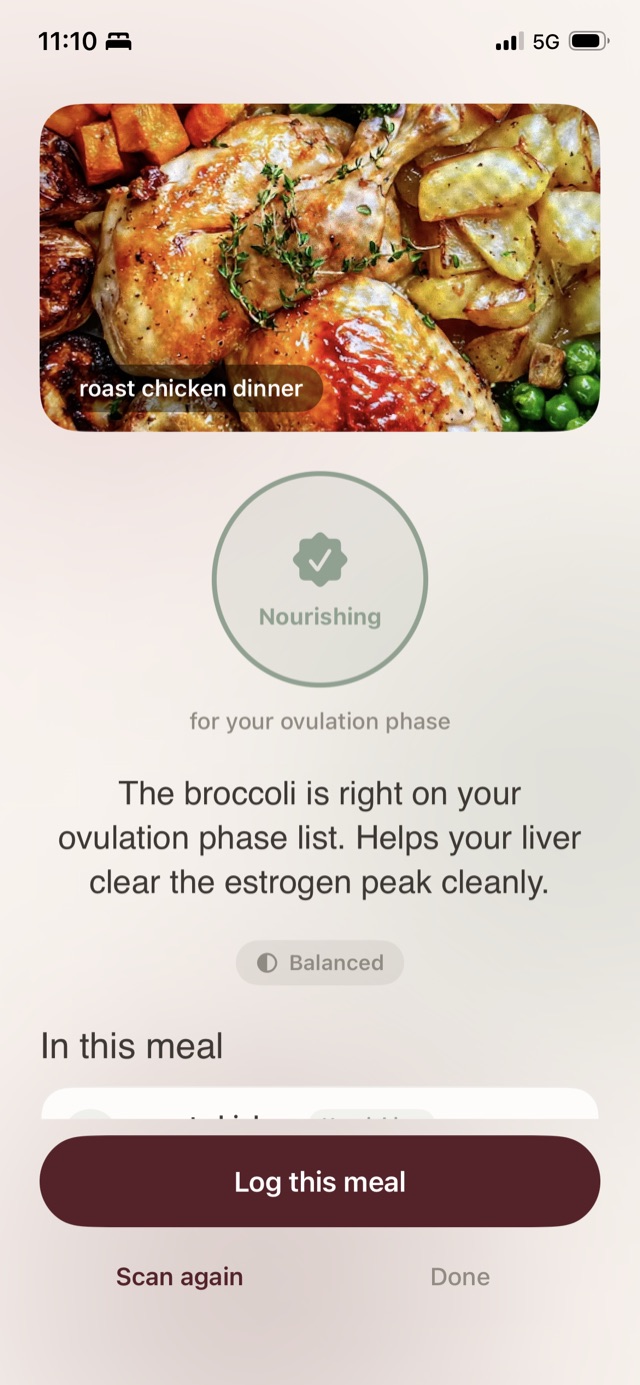 A roast chicken dinner scanned in FuelHer and read as nourishing for the ovulation phase.