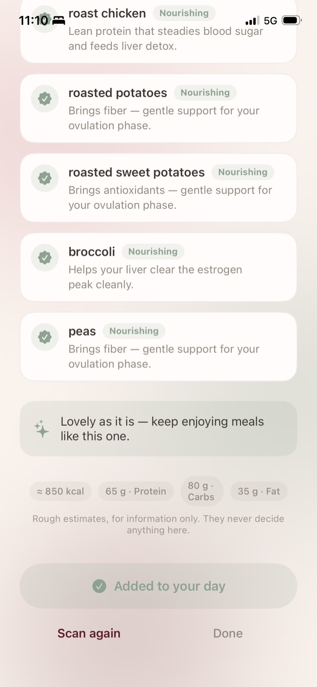 The meal confirmed as added to the day.